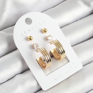 Pirinç Zirkon Taş Ve Halka Figürlü Gold Renk 3'lü Çift Kadın Küpe Set