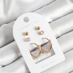 Pirinç Zirkon Taş Ve Halka Figürlü Gold Renk 3'lü Çift Kadın Küpe Set