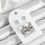 Pirinç Zirkon Taş Ve Halka Figürlü Gümüş Renk 3'lü Çift Kadın Küpe Set