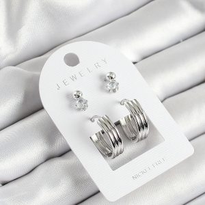 Pirinç Zirkon Taş Ve Halka Figürlü Gümüş Renk 3'lü Çift Kadın Küpe Set