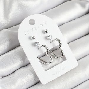 Pirinç Zirkon Taş Ve Kalp Figürlü Gümüş Renk 3'lü Çift Kadın Küpe Set