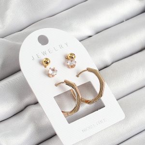 Pirinç Zirkon Taş Ve Kemik Halka Figürlü Gold Renk 3'lü Çift Kadın Küpe Set