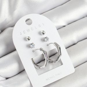 Pirinç Zirkon Taş Ve Kemik Halka Figürlü Gümüş Renk 3'lü Çift Kadın Küpe Set