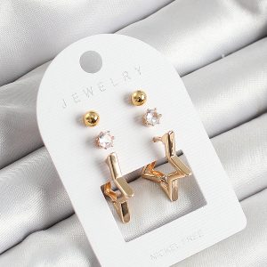 Pirinç Zirkon Taş Ve Yıldız Figürlü Gold Renk 3'lü Çift Kadın Küpe Set