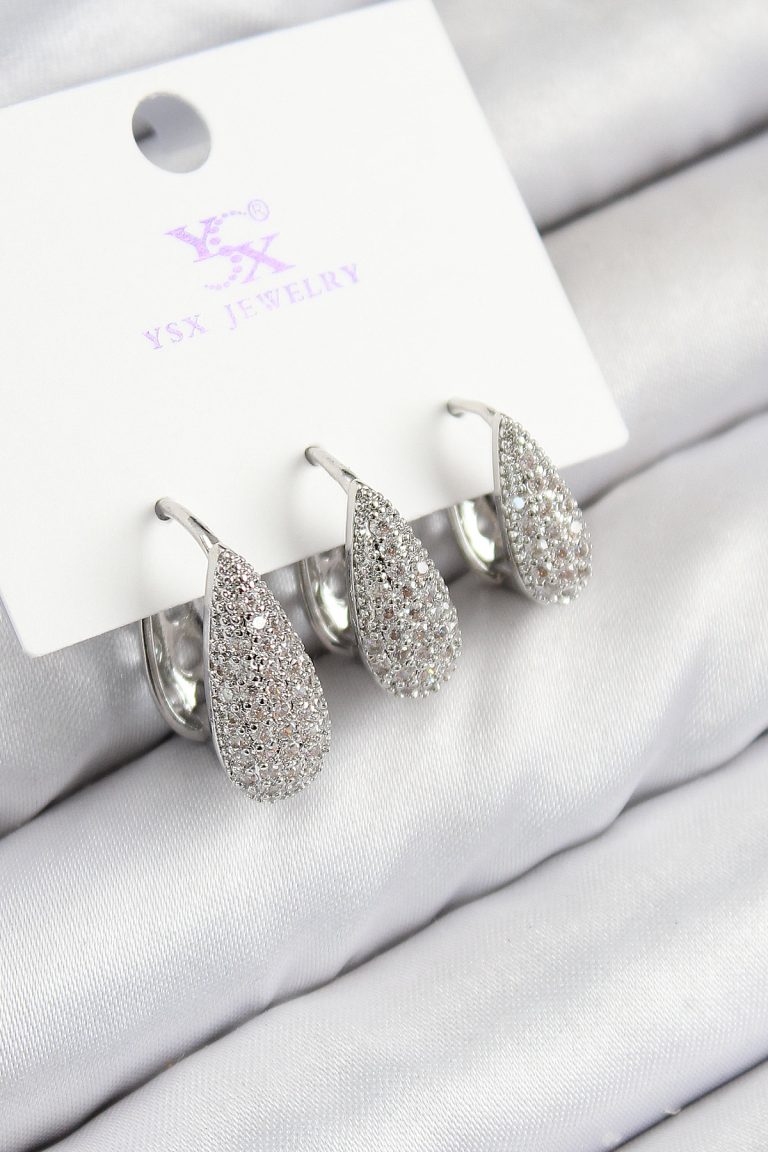 Pirinç Zirkon Taşlı 3'lü Damla Model Gümüş Renk Kadın Küpe