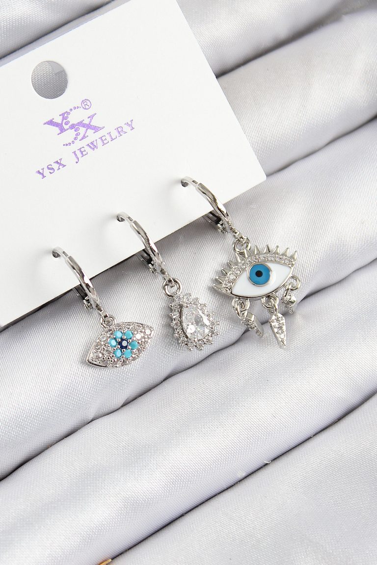 Pirinç Zirkon Taşlı 3'lü Fatma'nın Gözü Model Gümüş Renk Kadın Küpe