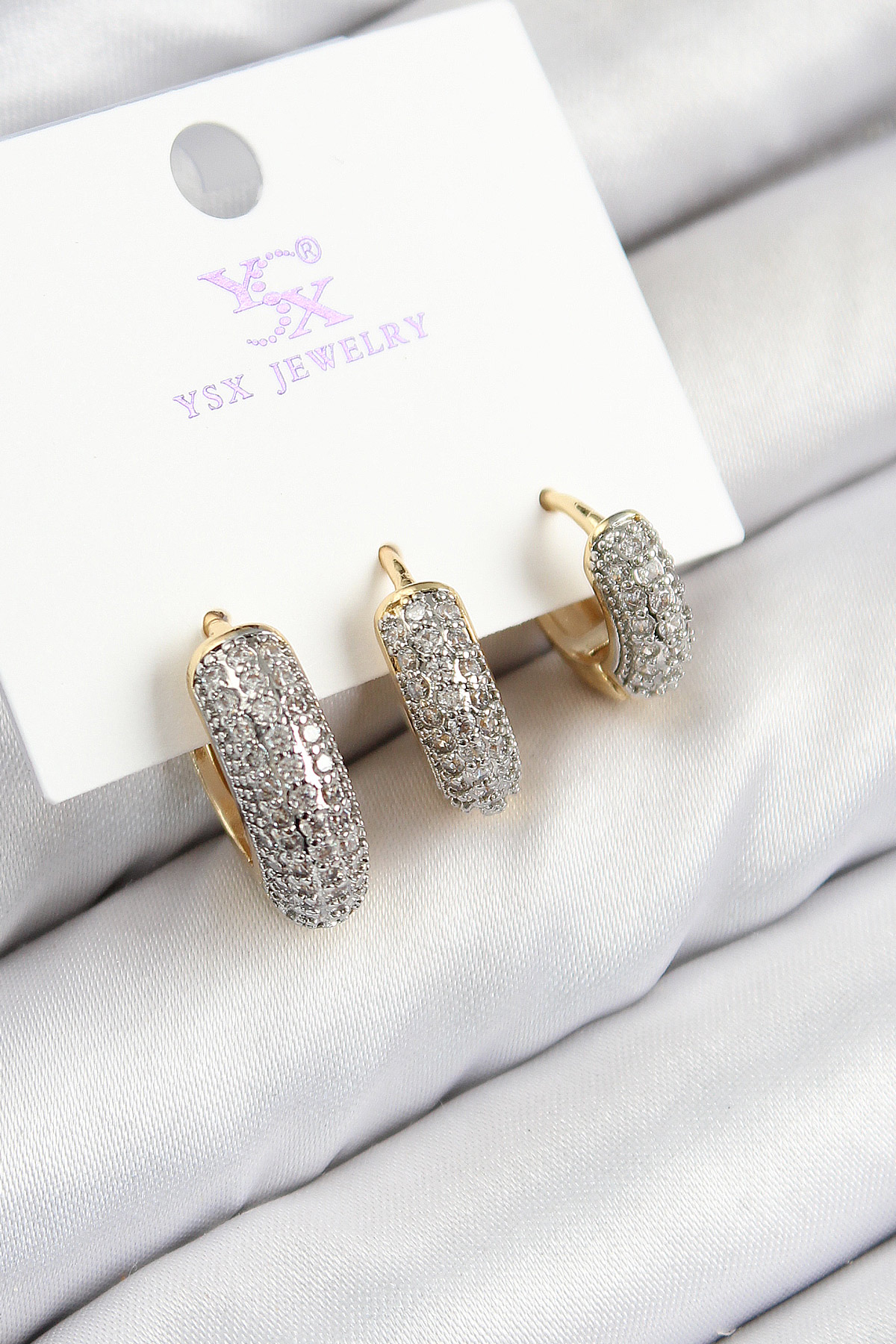 Pirinç Zirkon Taşlı 3'lü Halka Model Gold Ve Gümüş Renk Kadın Küpe