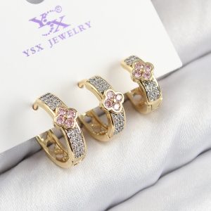 Pirinç Zirkon Taşlı 3'lü Halka Yonca Model Gold Ve Gümüş Renk Kadın Küpe