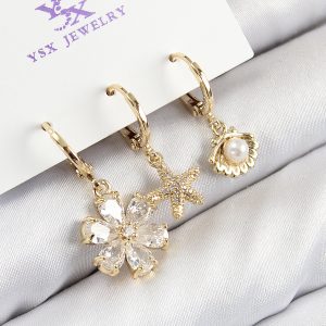 Pirinç Zirkon Taşlı 3'lü İstiridye Ve Çiçek Model Gold Renk Kadın Küpe