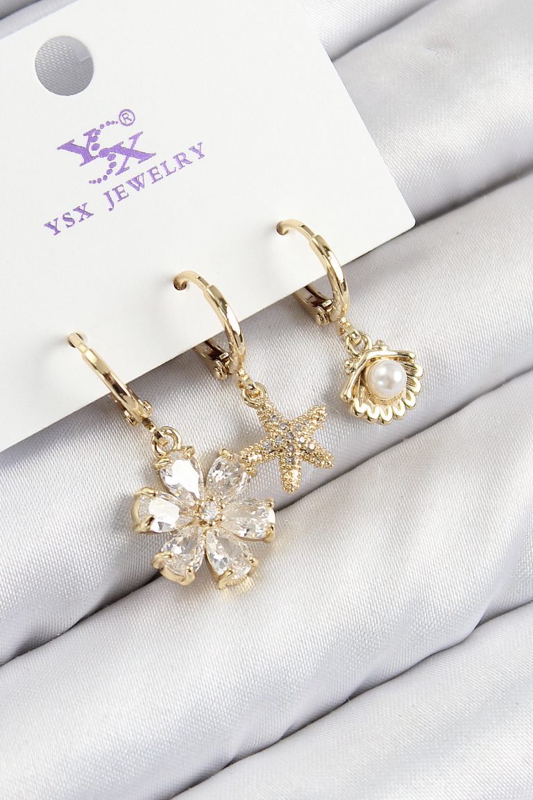 Pirinç Zirkon Taşlı 3'lü İstiridye Ve Çiçek Model Gold Renk Kadın Küpe