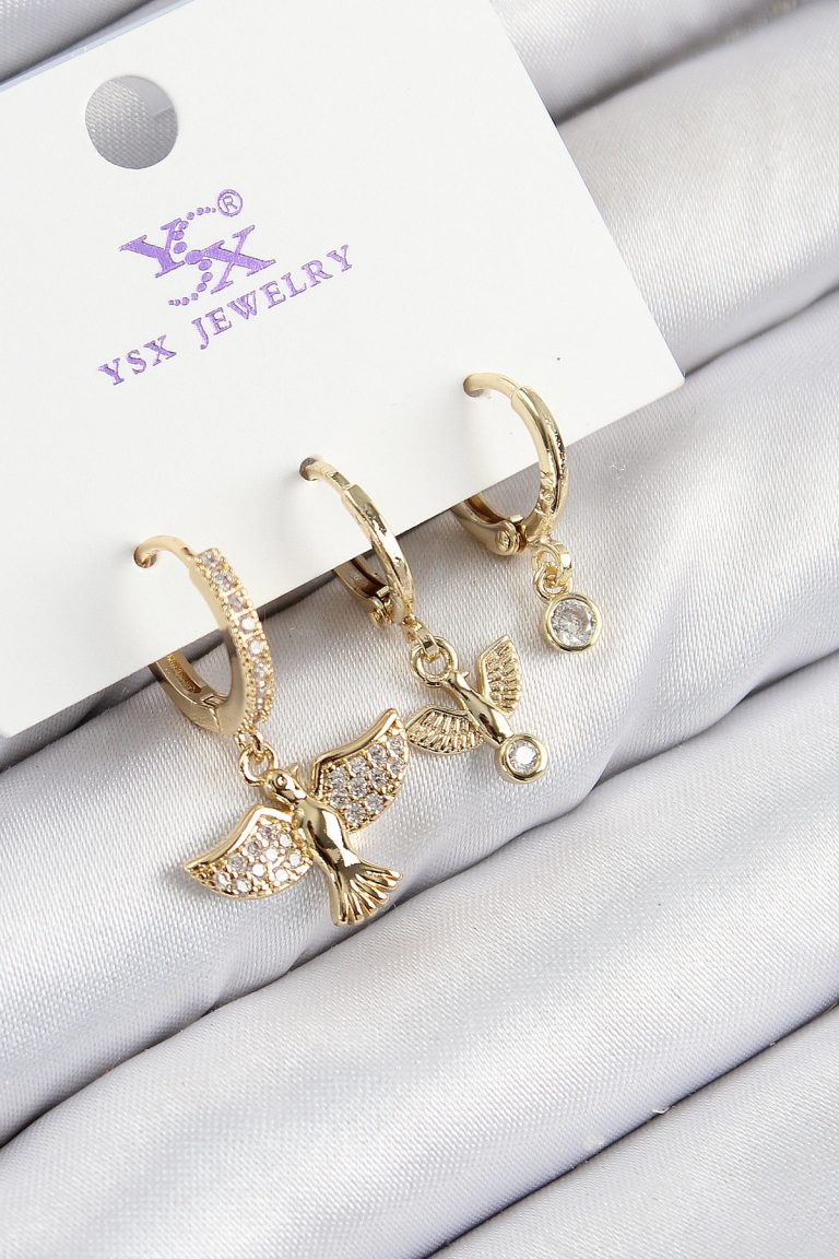 Pirinç Zirkon Taşlı 3'lü Kuş Model Gold Renk Kadın Küpe