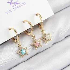 Pirinç Zirkon Taşlı 3'lü Renkli Yıldız Model Gold Renk Kadın Küpe