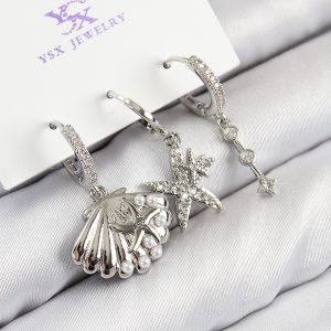 Pirinç Zirkon Taşlı 3'lü Yıldız Ve İstiridye Model Gümüş Renk Kadın Küpe