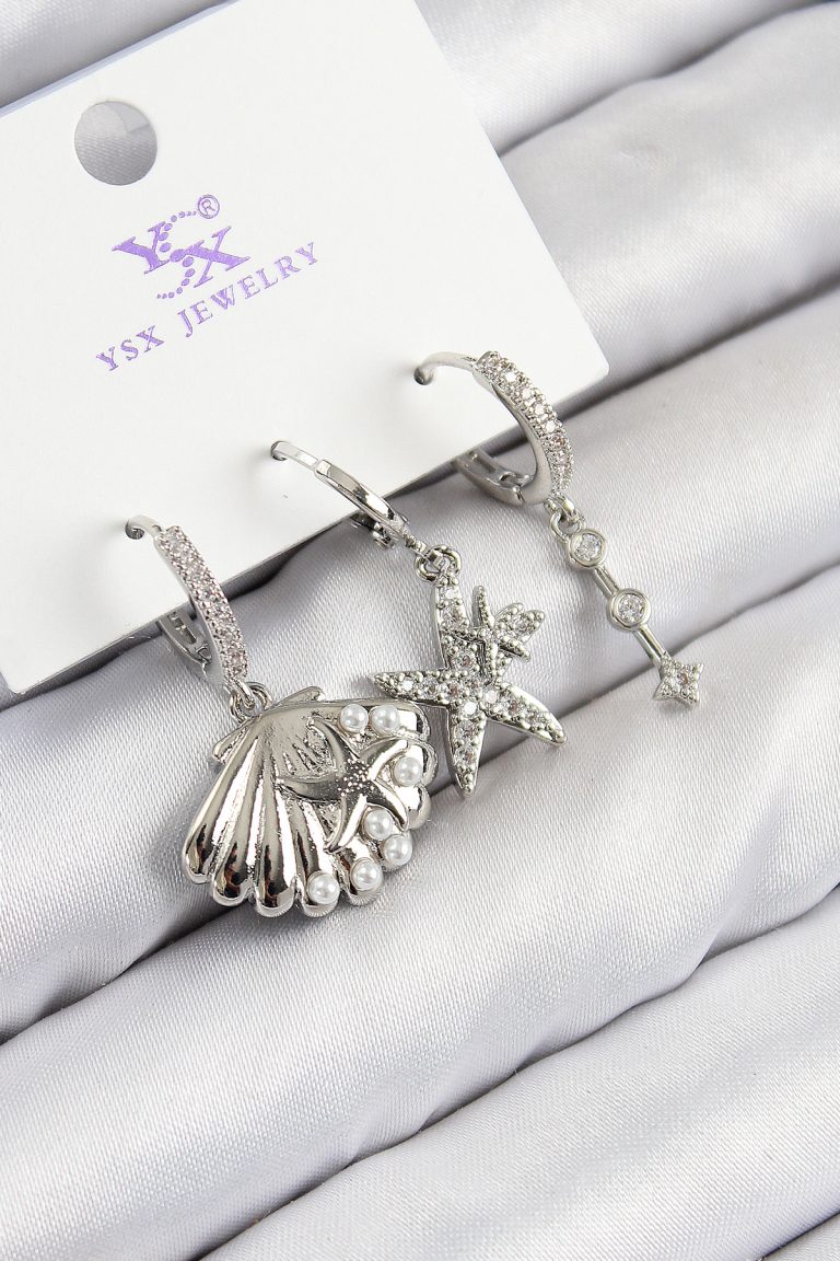 Pirinç Zirkon Taşlı 3'lü Yıldız Ve İstiridye Model Gümüş Renk Kadın Küpe