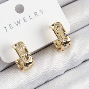 Pirinç Zirkon Taşlı Ay Desenli Model Gold Renk Kadın Küpe