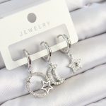 Pirinç Zirkon Taşlı Ay Ve Yıldız Model Gümüş Renk 3'lü Çift Kadın Küpe Set