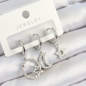 Pirinç Zirkon Taşlı Ay Ve Yıldız Model Gümüş Renk 3'lü Çift Kadın Küpe Set