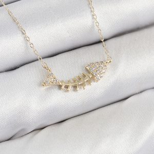 Pirinç Zirkon Taşlı Balık Kılçığı Model Gold Renk Kadın Kolye