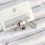 Pirinç Zirkon Taşlı Bordo Pembe Halka Model Gümüş Renk 3'lü Çift Kadın Küpe Set