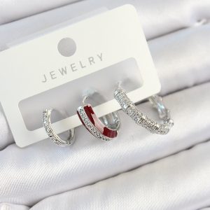 Pirinç Zirkon Taşlı Bordo Pembe Halka Model Gümüş Renk 3'lü Çift Kadın Küpe Set