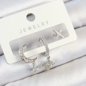 Pirinç Zirkon Taşlı Çiçek Ve Ay Model Gümüş Renk 3'lü Çift Kadın Küpe Set