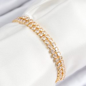 Pirinç Zirkon Taşlı Çift Sıra Model Gold Renk Asansörlü Kadın Bileklik