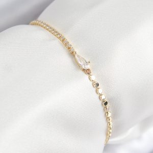 Pirinç Zirkon Taşlı Damla Model Ezme Zincir Gold Renk Kadın Bileklik