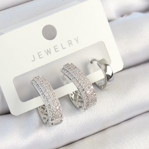 Pirinç Zirkon Taşlı Damla Model Gümüş Renk 3'lü Çift Kadın Küpe Set