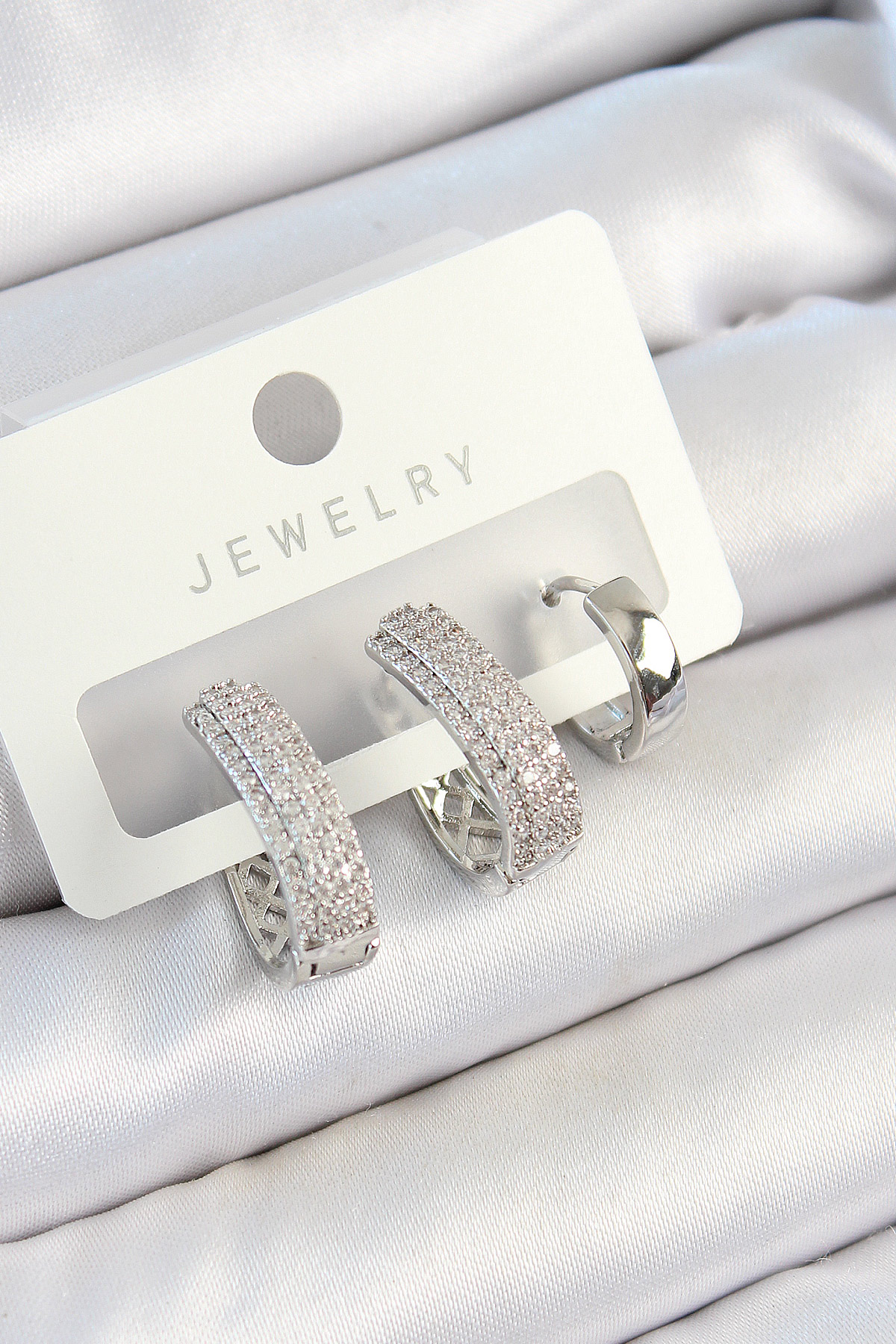 Pirinç Zirkon Taşlı Damla Model Gümüş Renk 3'lü Çift Kadın Küpe Set