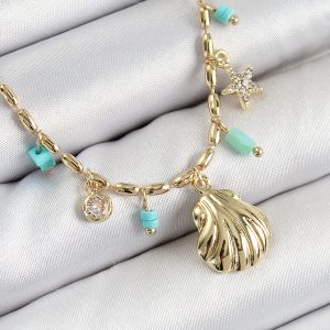 Pirinç Zirkon Taşlı Deniz Kabuğu Model Gold Renk Kadın Kolye
