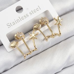 Pirinç Zirkon Taşlı Deniz Yıldızı ve İstiridye Model Gold Renk Kadın Küpe