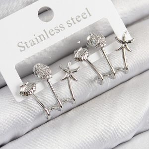 Pirinç Zirkon Taşlı Deniz Yıldızı ve İstiridye Model Gümüş Renk Kadın Küpe