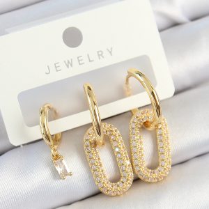 Pirinç Zirkon Taşlı Dikdörtgen Model Gold Renk 3'lü Çift Kadın Küpe Set