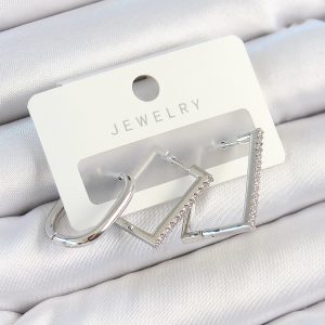 Pirinç Zirkon Taşlı Dikdörtgen Model Gümüş Renk 3'lü Çift Kadın Küpe Set