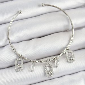 Pirinç Zirkon Taşlı Dikdörtgen Model Gümüş Renk Charm Bileklik