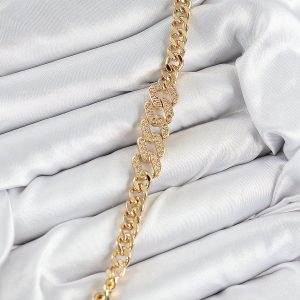 Pirinç Zirkon Taşlı Ezme Küba Zincir Model Gold Renk Kadın Bileklik