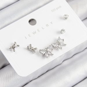 Pirinç Zirkon Taşlı Fiyonk Model Gümüş Renk 925 Ayar Gümüş Çivi Kadın Küpe Set