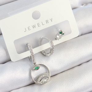 Pirinç Zirkon Taşlı Göz Ve Baykuş Model Gümüş Renk 3'lü Çift Kadın Küpe Set