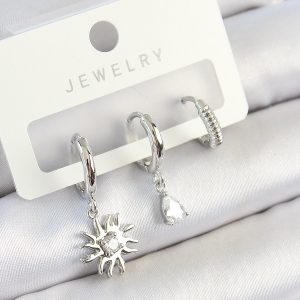 Pirinç Zirkon Taşlı Güneş Model Gümüş Renk 3'lü Çift Kadın Küpe Set