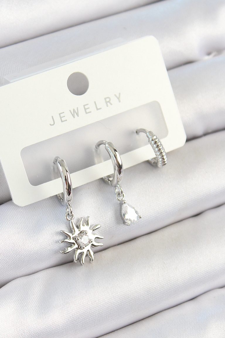 Pirinç Zirkon Taşlı Güneş Model Gümüş Renk 3'lü Çift Kadın Küpe Set