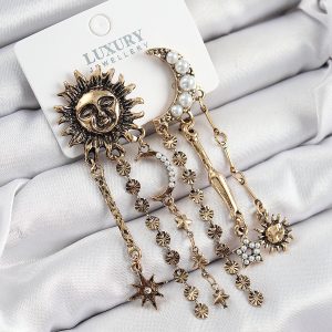 Pirinç Zirkon Taşlı Güneş Ve Ay Figürlü Eskitme Model Sallantılı Küpe