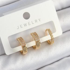 Pirinç Zirkon Taşlı Halka Model Gold Renk 3'lü Çift Kadın Küpe Set