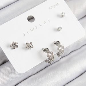 Pirinç Zirkon Taşlı Halka Model Gümüş Renk 925 Ayar Gümüş Çivi Kadın Küpe Set