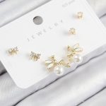 Pirinç Zirkon Taşlı İnci Melek Model Gold Renk 925 Ayar Gümüş Çivi Kadın Küpe Set