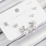 Pirinç Zirkon Taşlı İnci Melek Model Gümüş Renk 925 Ayar Gümüş Çivi Kadın Küpe Set