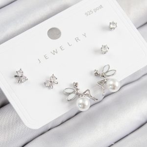 Pirinç Zirkon Taşlı İnci Melek Model Gümüş Renk 925 Ayar Gümüş Çivi Kadın Küpe Set