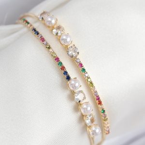 Pirinç Zirkon Taşlı İnci Model Gold Renk Kadın Bileklik