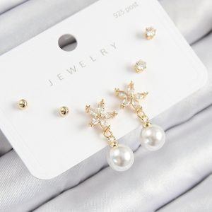 Pirinç Zirkon Taşlı İnci Sallantılı Çiçek Model Gümüş Renk 925 Ayar Gümüş Çivi Kadın Küpe Set