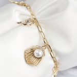 Pirinç Zirkon Taşlı İncili İstiridye Model Gold Renk Kadın Bileklik