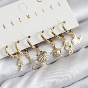 Pirinç Zirkon Taşlı İstiridye Balina Ve Yıldız Gold Renk 6'lı Küpe Set